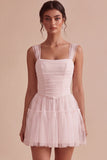 White Corset Tulle A-Line Thick Straps Short Hen Do Dress