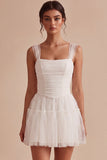 White Corset Tulle A-Line Thick Straps Short Hen Do Dress