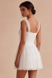 White Corset Tulle A-Line Thick Straps Short Hen Do Dress