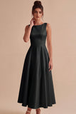 White Satin A-Line Boat Neck Midi Engagement Party Dress