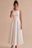 White Satin A-Line Boat Neck Midi Engagement Party Dress