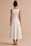 White Satin A-Line Boat Neck Midi Engagement Party Dress