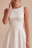 White Satin A-Line Boat Neck Midi Engagement Party Dress