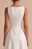 White Satin A-Line Boat Neck Midi Engagement Party Dress