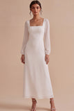 White Mermaid Chiffon Square Neck Long Engagement Party Dress with Sleeves