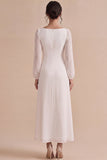 White Mermaid Chiffon Square Neck Long Engagement Party Dress with Sleeves