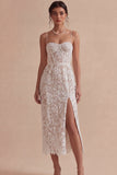 White Lace Floral Corset Sheath Midi Engagement Party Dress with Slit