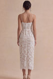 White Lace Floral Corset Sheath Midi Engagement Party Dress with Slit