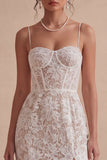 White Lace Floral Corset Sheath Midi Engagement Party Dress with Slit