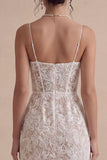 White Lace Floral Corset Sheath Midi Engagement Party Dress with Slit