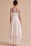 White A-Line Corset Tiered High-Low Engagement Party Dress with Sleeves