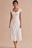 White A-Line Corset Ruched Midi Engagement Party Dress with Sleeves