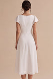 White A-Line Corset Ruched Midi Engagement Party Dress with Sleeves