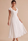 White A-Line Corset Ruched Midi Engagement Party Dress with Sleeves
