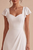 White A-Line Corset Ruched Midi Engagement Party Dress with Sleeves