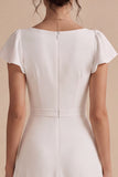 White A-Line Corset Ruched Midi Engagement Party Dress with Sleeves