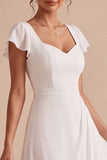 White A-Line Corset Ruched Midi Engagement Party Dress with Sleeves