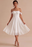 White A-Line Chiffon Ruched Midi Lace Engagement Party Dress