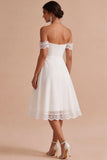 White A-Line Chiffon Ruched Midi Lace Engagement Party Dress