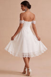 White A-Line Chiffon Ruched Midi Lace Engagement Party Dress