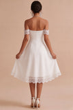White A-Line Chiffon Ruched Midi Lace Engagement Party Dress