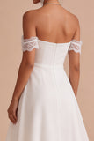 White A-Line Chiffon Ruched Midi Lace Engagement Party Dress