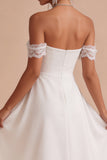 White A-Line Chiffon Ruched Midi Lace Engagement Party Dress
