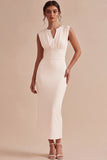 White Sheath V-Neck Ruched Long Engagement Party Dress with Slit