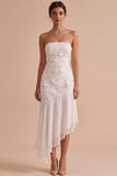 White Floral Strapless Chiffon Asymmetrical Engagement Party Dress