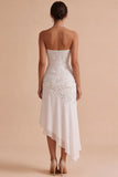 White Floral Strapless Chiffon Asymmetrical Engagement Party Dress