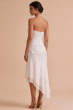 White Floral Strapless Chiffon Asymmetrical Engagement Party Dress