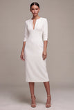 White Sheath V-Neck Half Sleeves Midi Engagement Party Dress with Slit
