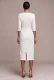 White Sheath V-Neck Half Sleeves Midi Engagement Party Dress with Slit