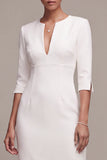 White Sheath V-Neck Half Sleeves Midi Engagement Party Dress with Slit