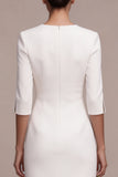 White Sheath V-Neck Half Sleeves Midi Engagement Party Dress with Slit