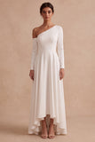 White A-Line One Shoulder High-Low Engagement Party Dress with Sleeves