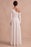 White A-Line One Shoulder High-Low Engagement Party Dress with Sleeves