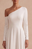 White A-Line One Shoulder High-Low Engagement Party Dress with Sleeves
