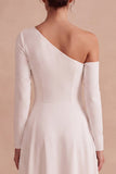 White A-Line One Shoulder High-Low Engagement Party Dress with Sleeves