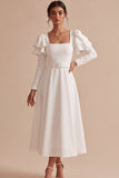 White A-Line Square Neck Ruffled Midi Engagement Party Dress with Belt