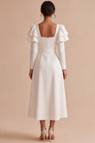 White A-Line Square Neck Ruffled Midi Engagement Party Dress with Belt