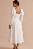 White A-Line Square Neck Ruffled Midi Engagement Party Dress with Belt