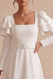 White A-Line Square Neck Ruffled Midi Engagement Party Dress with Belt