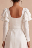 White A-Line Square Neck Ruffled Midi Engagement Party Dress with Belt