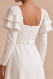 White A-Line Square Neck Ruffled Midi Engagement Party Dress with Belt