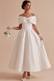 White Satin Floral A-Line Long Engagement Party Dress with Bow