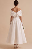 White Satin Floral A-Line Long Engagement Party Dress with Bow