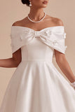 White Satin Floral A-Line Long Engagement Party Dress with Bow
