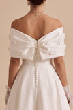 White Satin Floral A-Line Long Engagement Party Dress with Bow