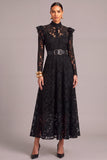 Black A-Line High Neck Lace Long Ruffled Wedding Guest Dress with Belt